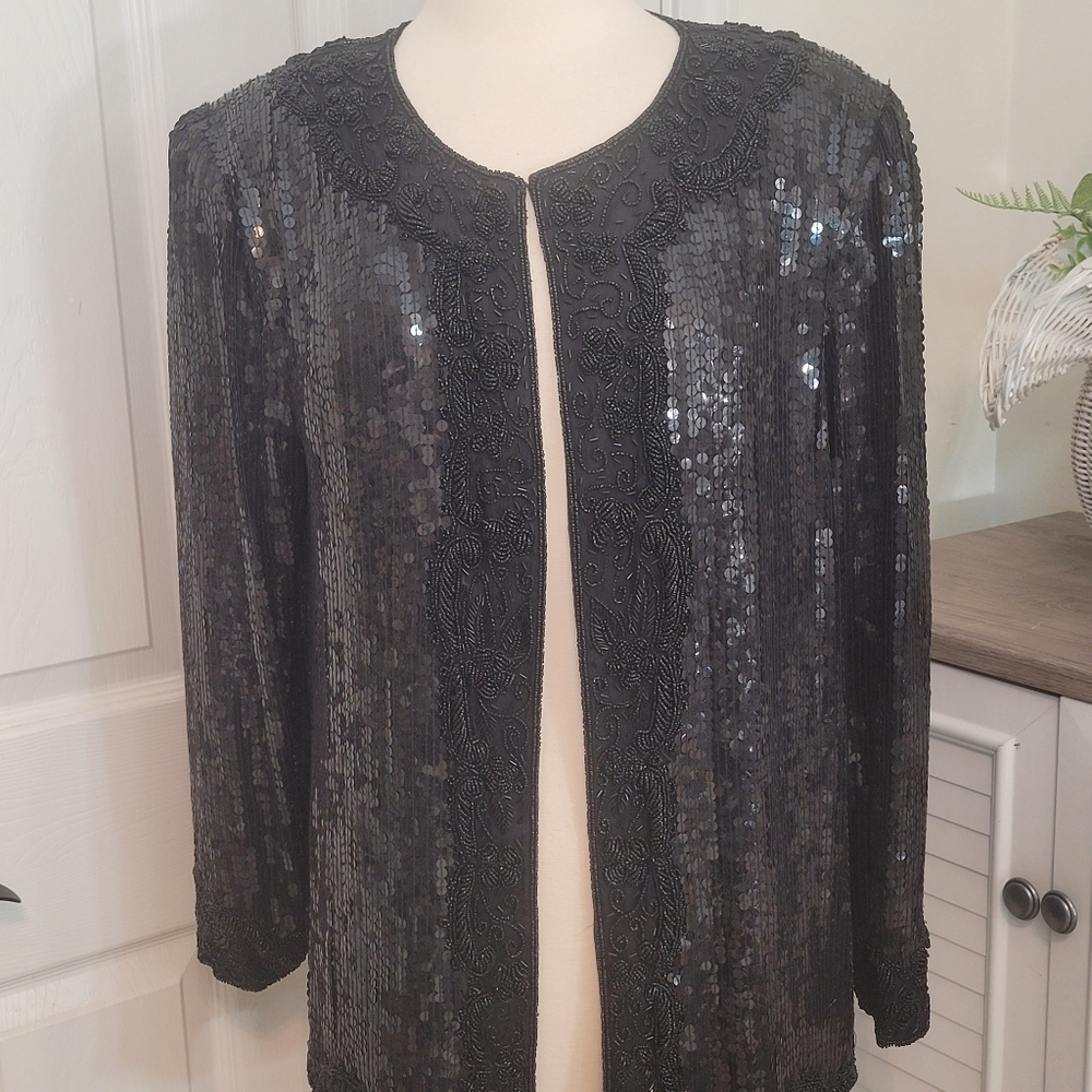 VINTAGE SILK Black Beaded And Sequin Jacket BY CHAMPELLYSE Size XL
